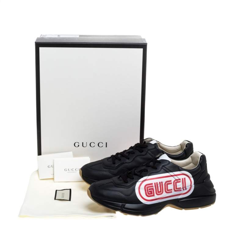 Pre Owned Gucci Black Leather Logo Print Rhyton Low Top Sneakers Size 44.5