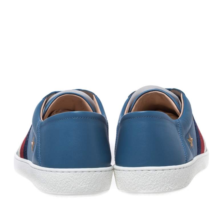 Pre Owned Gucci Blue Leather Ace Bees and Stars Embroidered Lace Up Sneakers Size 43