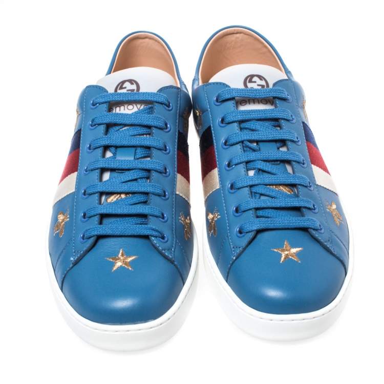 Pre Owned Gucci Blue Leather Ace Bees and Stars Embroidered Lace Up Sneakers Size 43