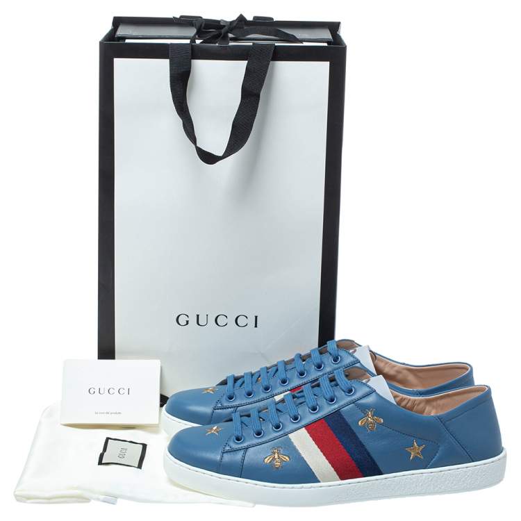 Pre Owned Gucci Blue Leather Bee Stars Ace Low Top Sneakers Size 44