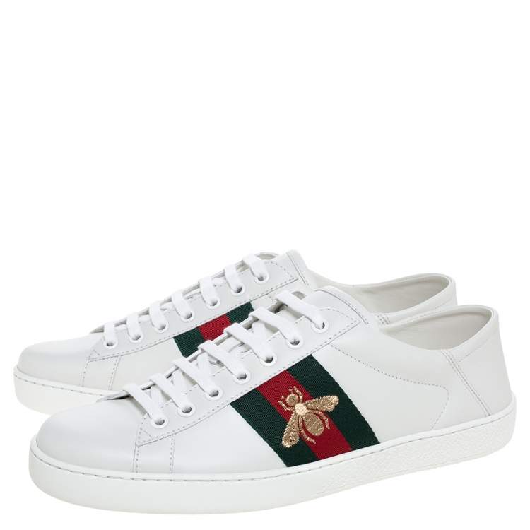 Gucci White Leather Embroidered Bee Ace 