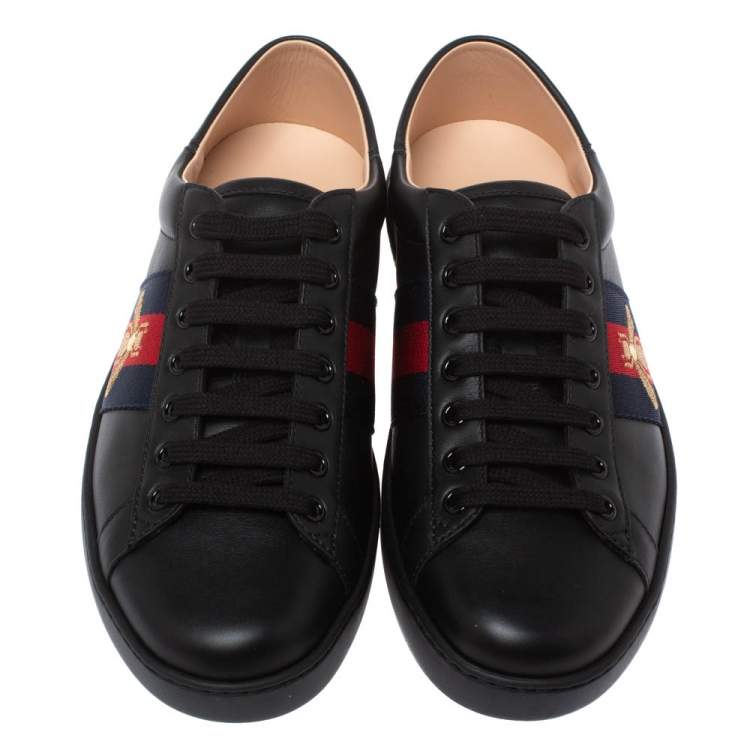 Pre Owned Gucci Black Leather Embroidered Bee Ace Low Top Sneakers Size 41