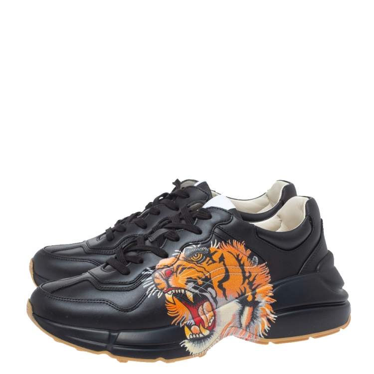 Pre Owned Gucci Black Leather Tiger Rhyton Low Top Sneakers Size 41.5