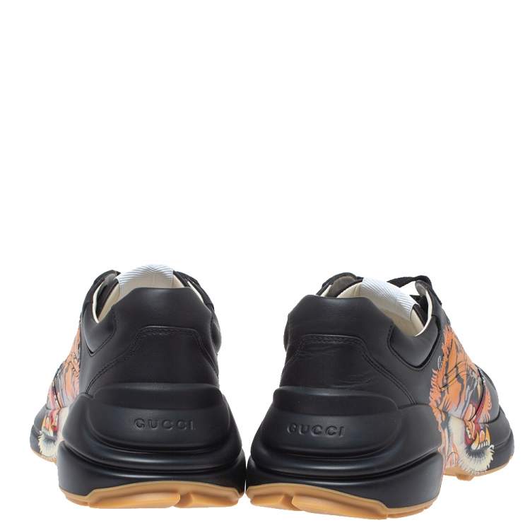 Pre Owned Gucci Black Leather Tiger Rhyton Low Top Sneakers Size 41.5