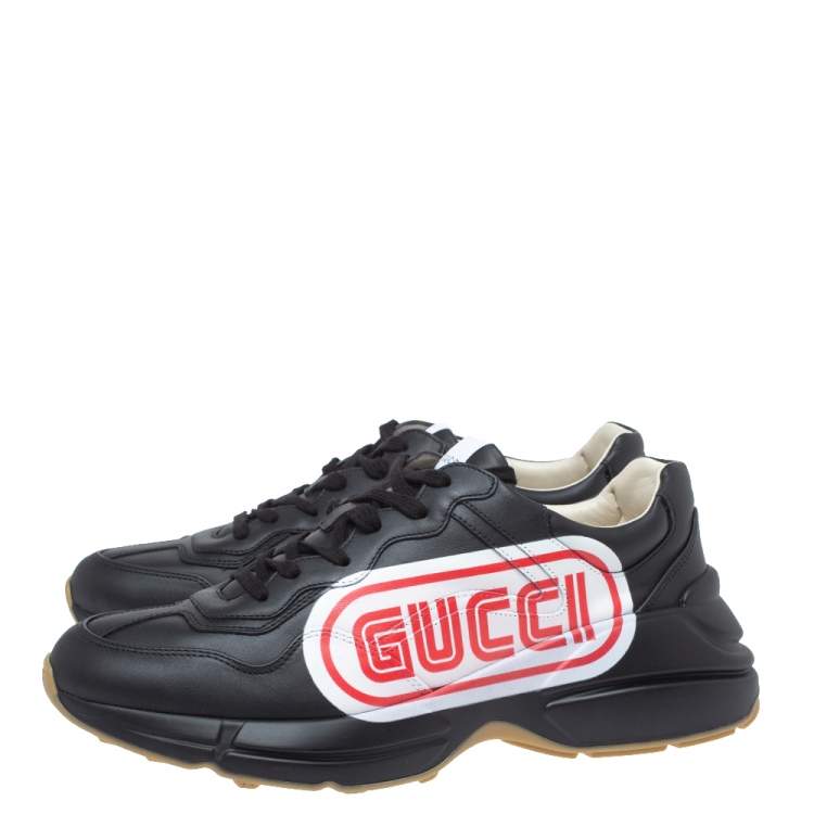 Pre Owned Gucci Black Leather Rhyton Logo Low Top Sneakers Size 43.5