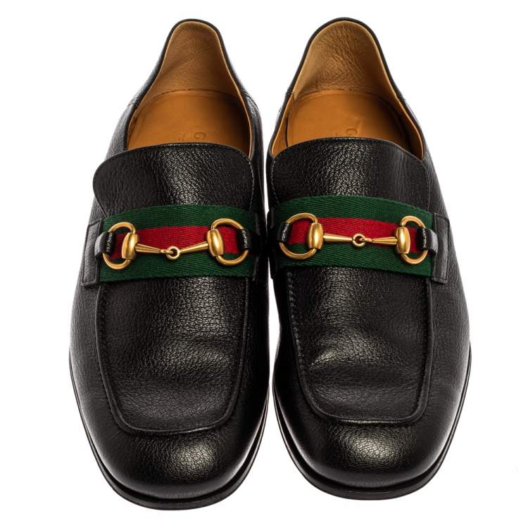 Pre Owned Gucci Black Leather Horsebit Web Detail Slip On Loafers Size 44.5