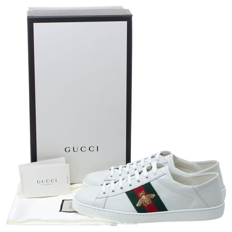 Pre Owned Gucci White Leather Embroidered Bee Ace Low Top Sneakers Size 42