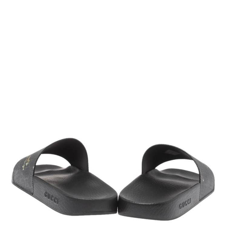 Pre Owned Gucci Black GG Canvas Tiger Flat Slides Size 44