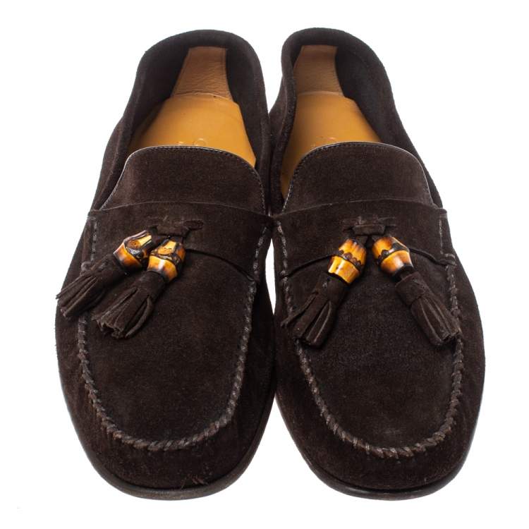 Pre Owned Gucci Brown Suede Bamboo Tassel Slip On Loafers Size 41.5