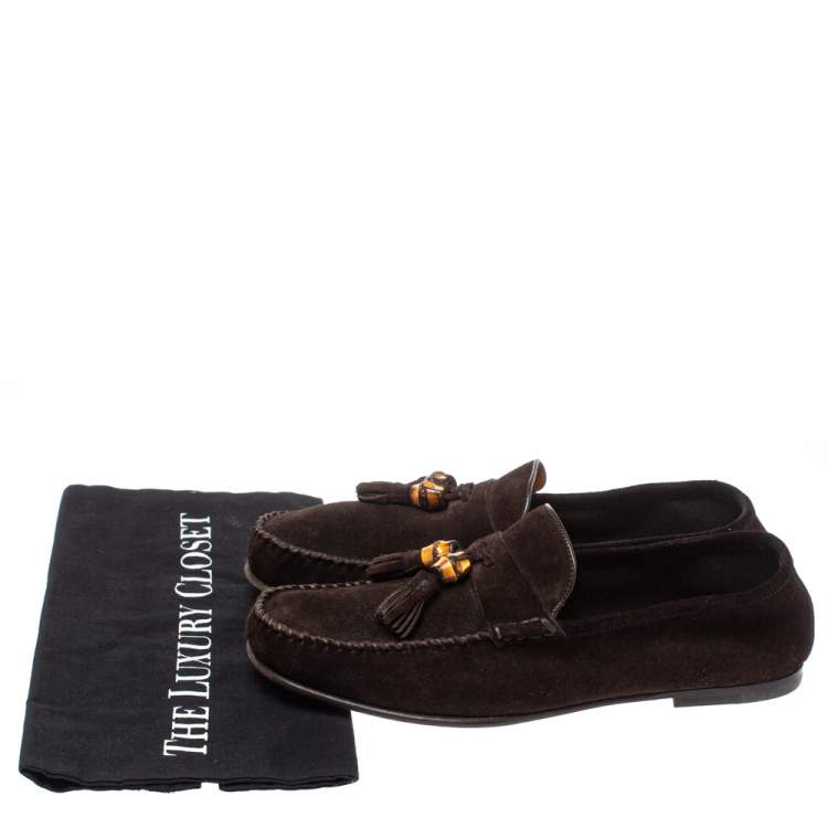 Pre Owned Gucci Brown Suede Bamboo Tassel Slip On Loafers Size 41.5