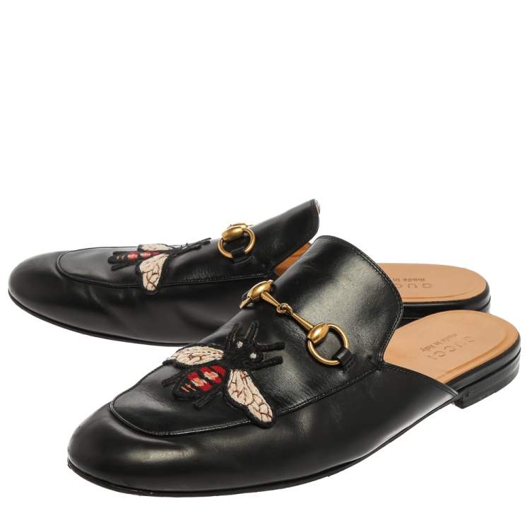 Pre Owned Gucci Black Leather Bee Embroidered Princetown Horsebit Mules Size 44