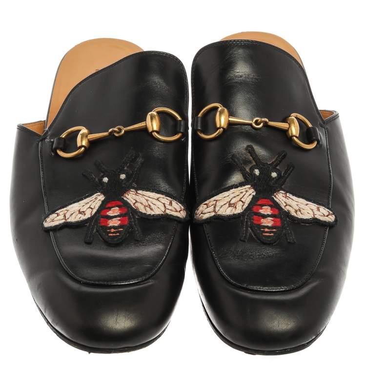 Pre Owned Gucci Black Leather Bee Embroidered Princetown Horsebit Mules Size 44