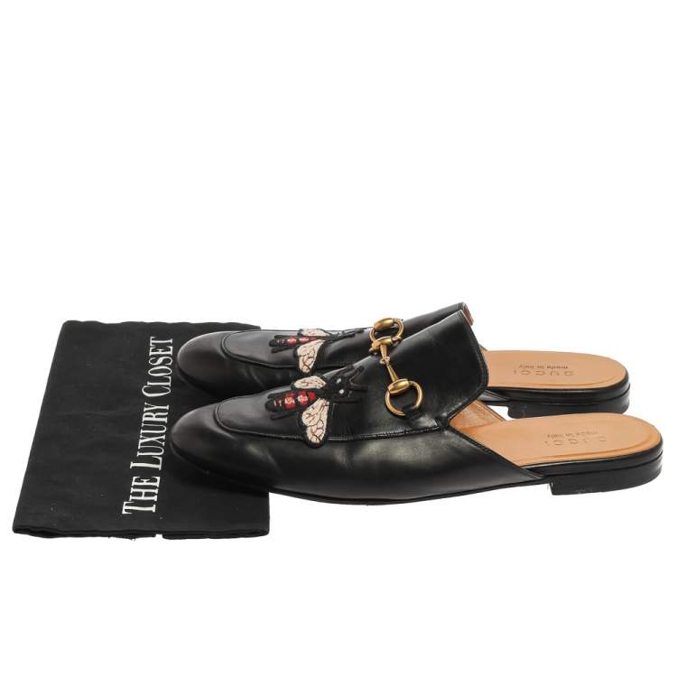 Pre Owned Gucci Black Leather Bee Embroidered Princetown Horsebit Mules Size 44