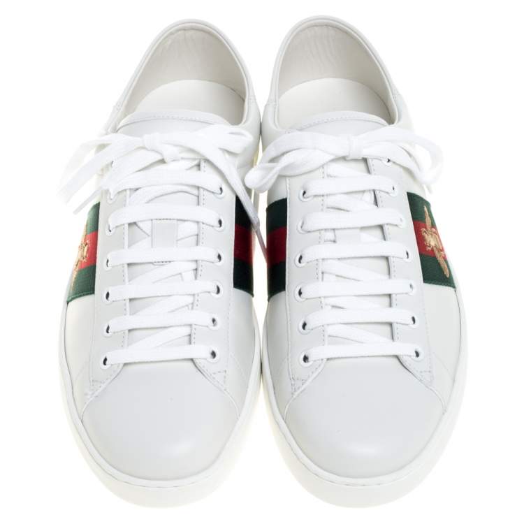 Pre Owned Gucci White Leather Embroidered Bee Ace Low Top Sneakers Size 44.5