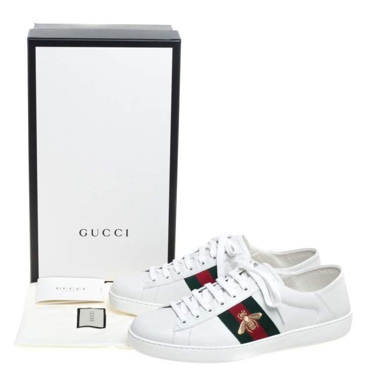Pre Owned Gucci White Leather Embroidered Bee Ace Low Top Sneakers Size 44.5
