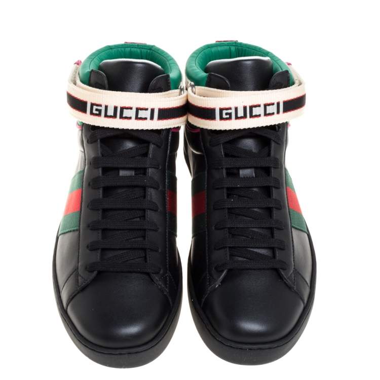 Pre Owned Gucci Black Leather Stripe Ace High Top Sneakers Size 41.5
