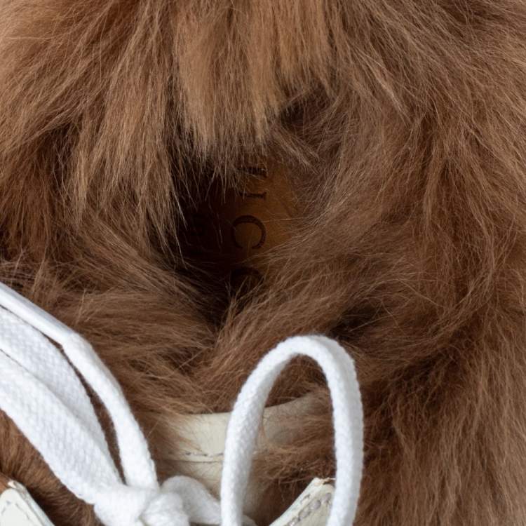 Pre Owned Gucci White Leather and Fur Ace Embroidered Bee Low Top Sneaker Size 44