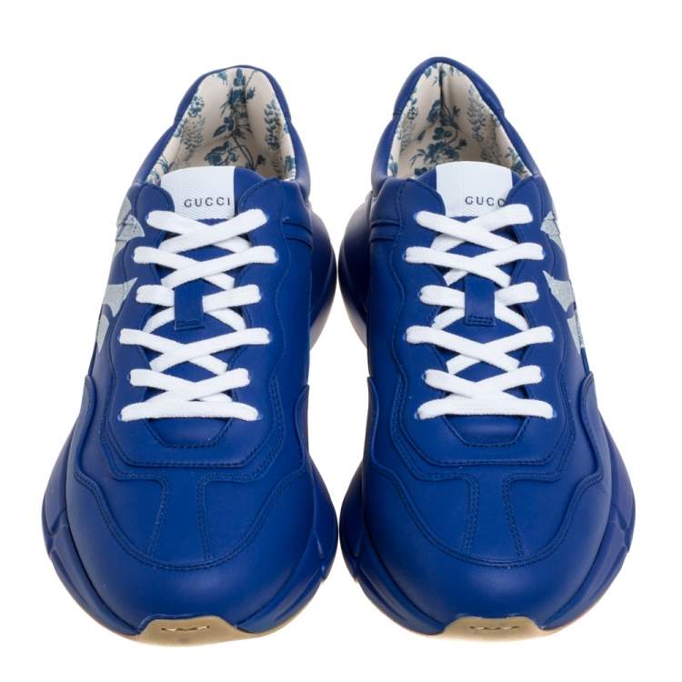 Pre Owned Gucci Blue Leather NY Yankees Rhyton Low Top Sneaker Size 43