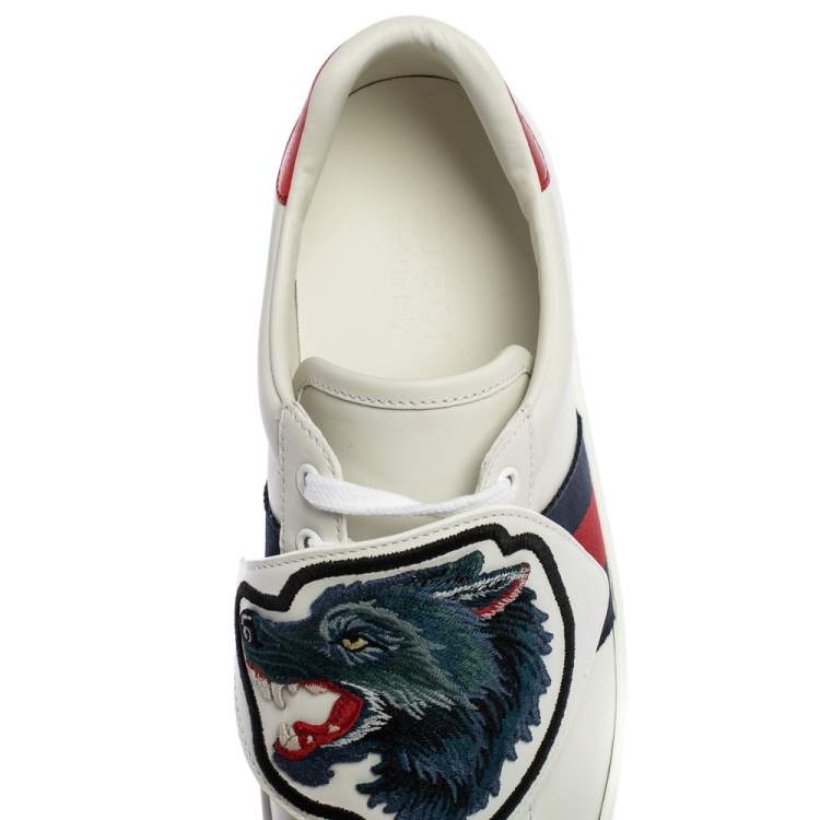 Pre Owned Gucci White Leather Ace Web Low Top Sneakers with Removable Patch Size 40