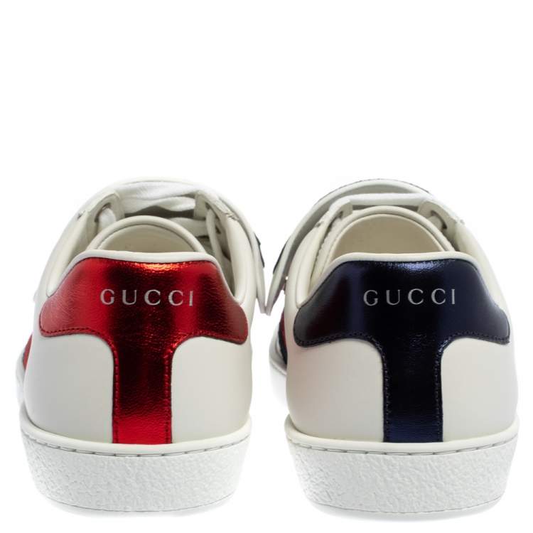Pre Owned Gucci White Leather Ace Web Low Top Sneakers with Removable Patch Size 40