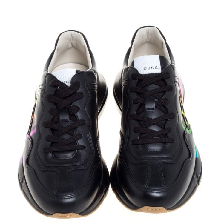 Pre Owned Gucci Black Leather Rhyton Gucci Logo Sneakers Size 42