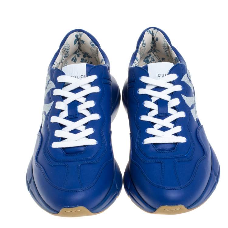 Pre Owned Gucci Blue Leather NY Yankees Rhyton Low Top Sneaker Size 42