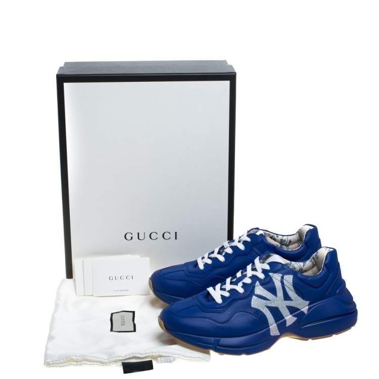 Pre Owned Gucci Blue Leather NY Yankees Rhyton Low Top Sneaker Size 42