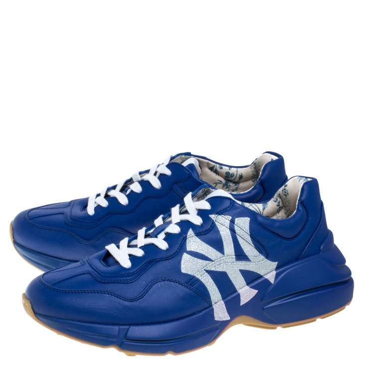 Pre Owned Gucci Blue Leather NY Yankees Rhyton Low Top Sneaker Size 42