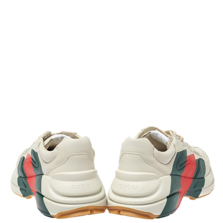 Pre Owned Gucci Cream Leather Web Rhyton Low Top Sneakers Size 41.5