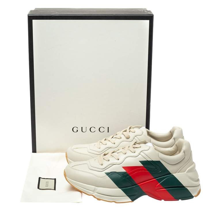 Pre Owned Gucci Cream Leather Web Rhyton Low Top Sneakers Size 41.5