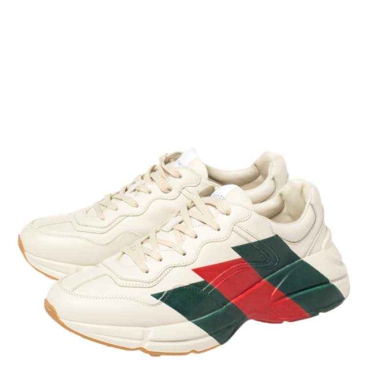 Pre Owned Gucci Cream Leather Web Rhyton Low Top Sneakers Size 42