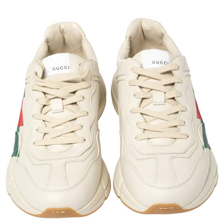 Pre Owned Gucci Cream Leather Web Rhyton Low Top Sneakers Size 43