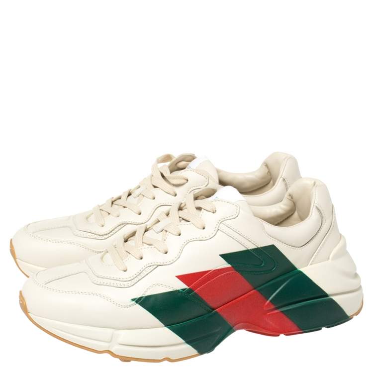 Pre Owned Gucci Cream Leather Web Rhyton Low Top Sneakers Size 43