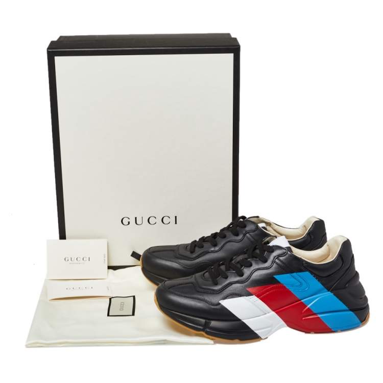 Pre Owned Gucci Black Leather Web Rhyton Low Top Sneakers Size 42