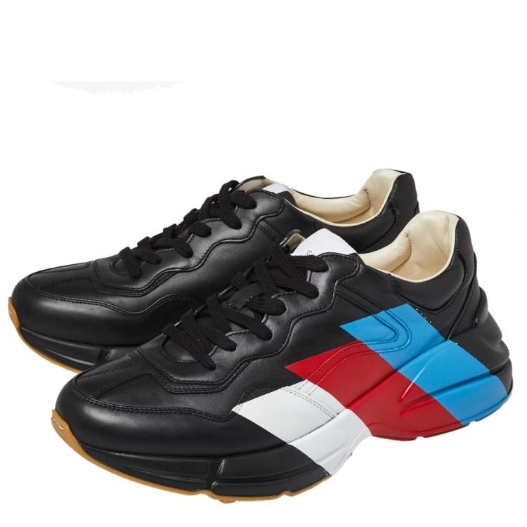 Pre Owned Gucci Black Leather Web Rhyton Low Top Sneakers Size 42