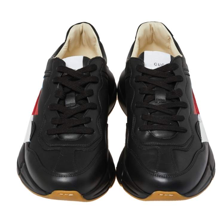 Pre Owned Gucci Black Leather Web Rhyton Low Top Sneakers Size 42