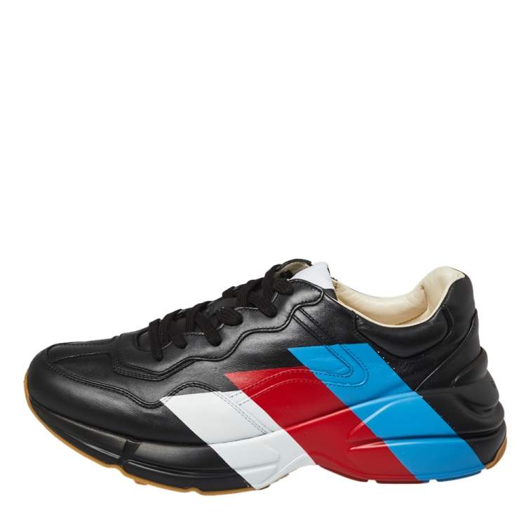 Pre Owned Gucci Black Leather Web Rhyton Low Top Sneakers Size 42