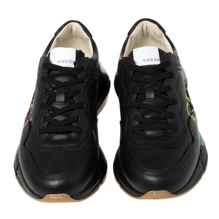 Pre Owned Gucci Black Leather Rhyton Gucci Logo Sneakers Size 43