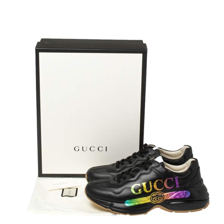 Pre Owned Gucci Black Leather Rhyton Gucci Logo Sneakers Size 42
