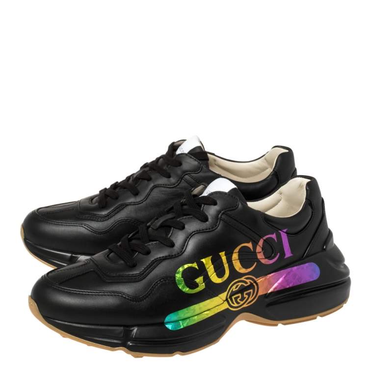 Pre Owned Gucci Black Leather Rhyton Gucci Logo Sneakers Size 42