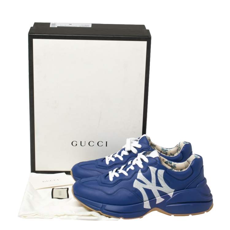 Pre Owned Gucci Blue Leather NY Yankees Rhyton Low Top Sneaker Size 43