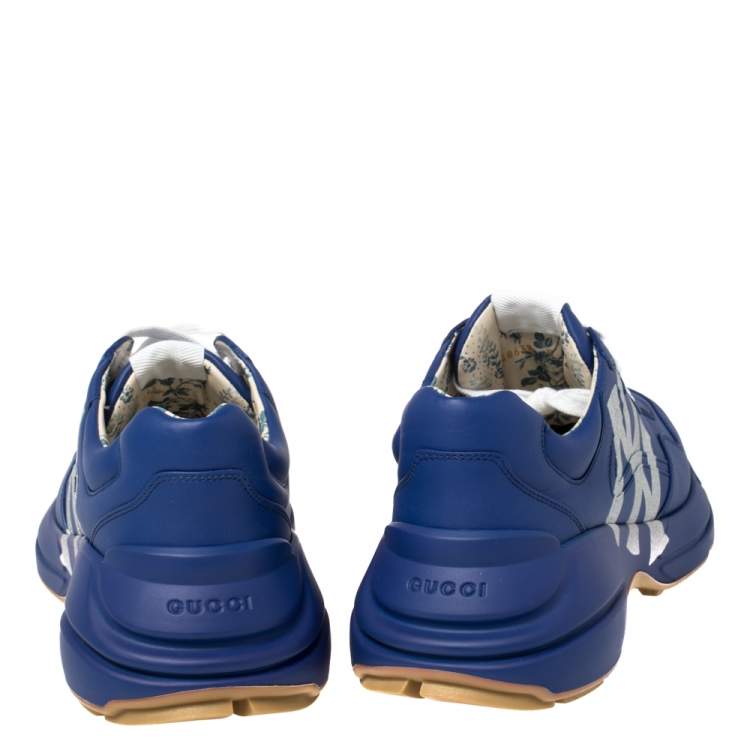 Pre Owned Gucci Blue Leather NY Yankees Rhyton Low Top Sneaker Size 43