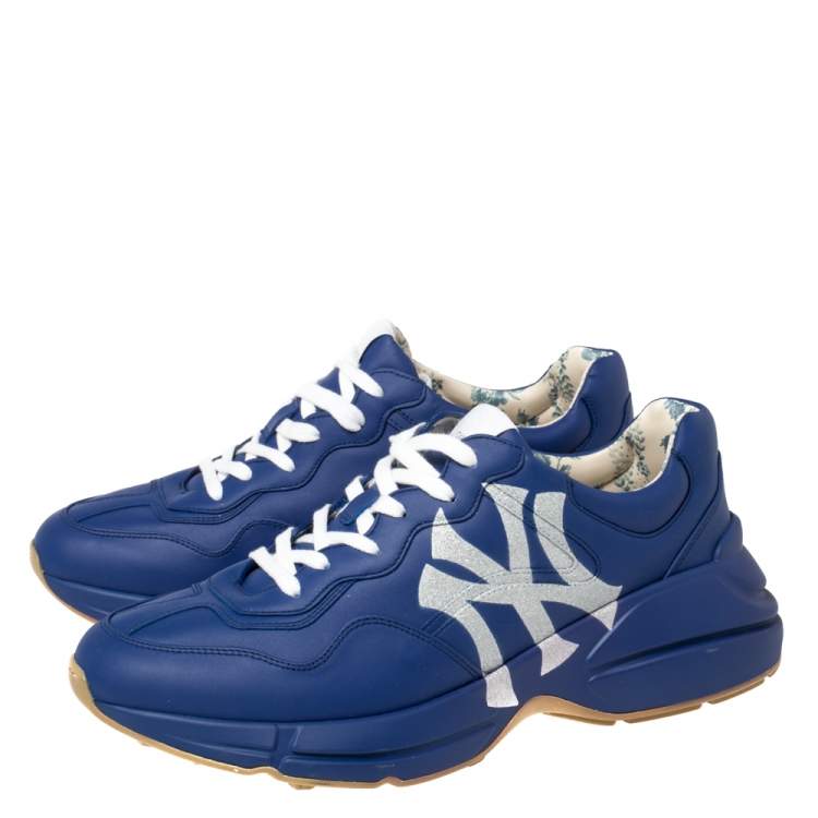 Pre Owned Gucci Blue Leather NY Yankees Rhyton Low Top Sneaker Size 43