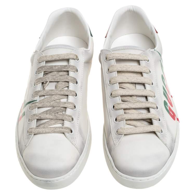 Pre Owned Gucci Off White Distressed Leather Ace Blade Print Low Top Sneakers Size 40.5