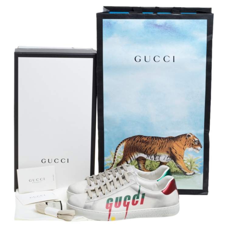 Pre Owned Gucci Off White Distressed Leather Ace Blade Print Low Top Sneakers Size 40.5