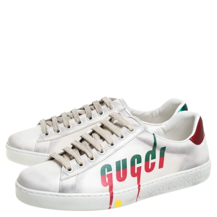 Pre Owned Gucci Off White Distressed Leather Ace Blade Print Low Top Sneakers Size 40.5