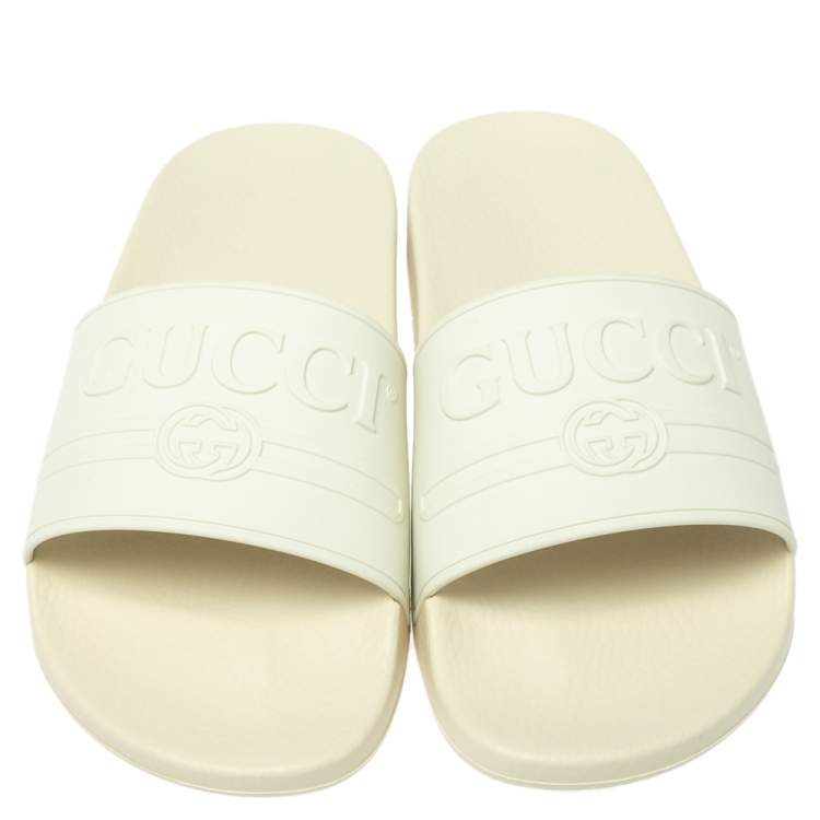 Pre Owned Gucci White Rubber Logo Pursuit Slide Sandals Size 41
