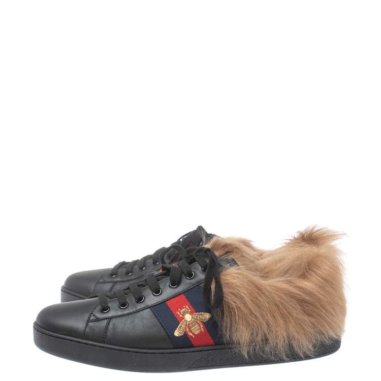 Pre Owned Gucci Black Leather and Fur Ace Embroidered Bee Low Top Sneaker Size 44