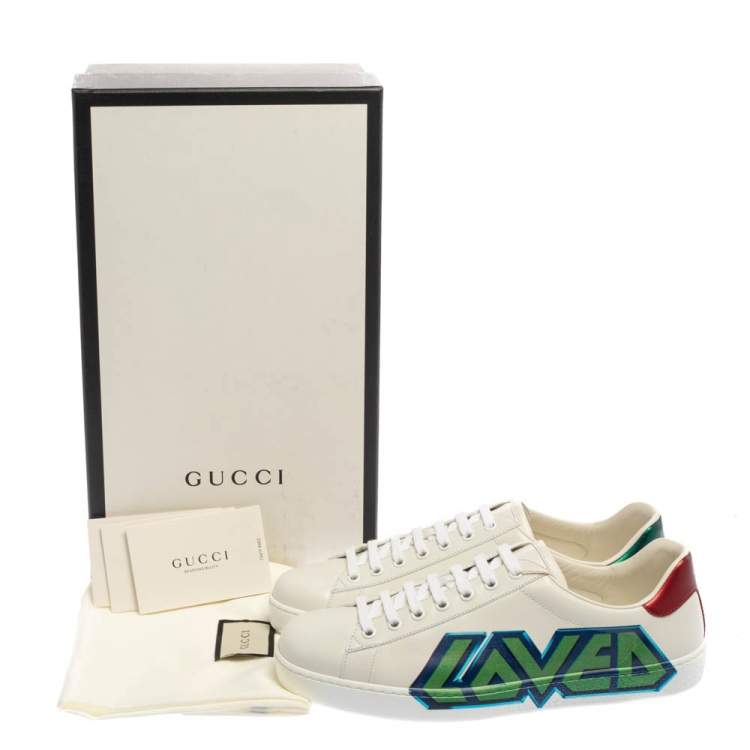 Pre Owned Gucci White Leather Ace Loved Print Low Top Sneakers Size 41.5