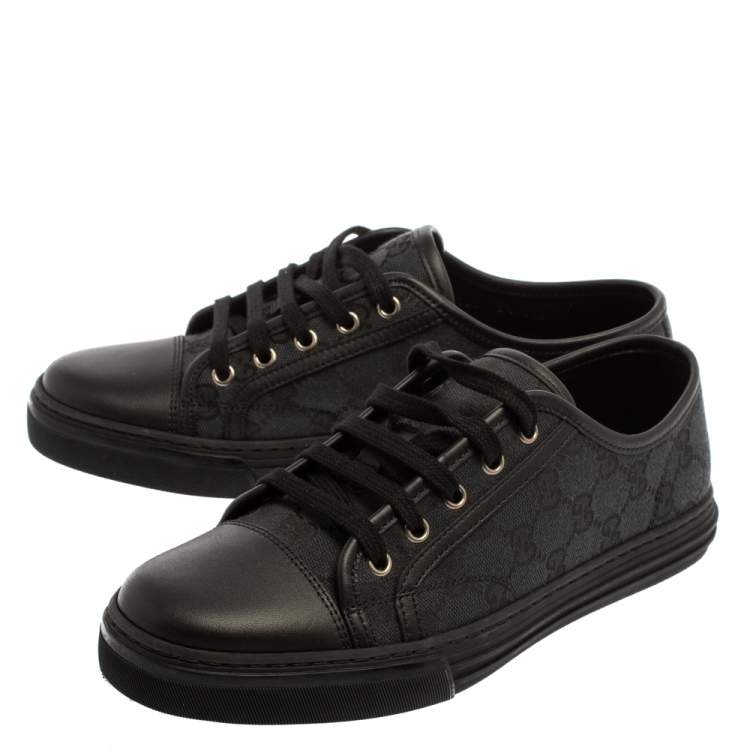 Pre Owned Gucci Grey/Black GG Canvas And Leather Low Top Lace Up Sneakers Size 39.5